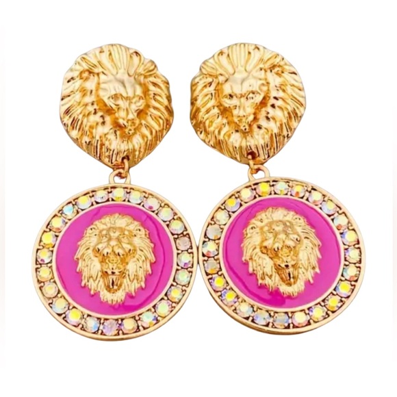 4FJ: Vintage Style Pink & Golden Lion Head Drop Dangle Zinc Alloy Earrings, NIP - Picture 4 of 5
